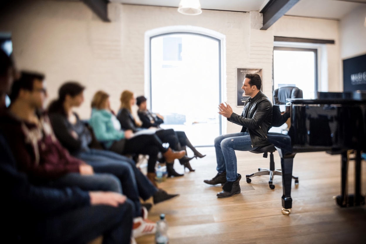 Mischa Züwerink coacht eine Workshop-Gruppe im MA Music Academy Studio