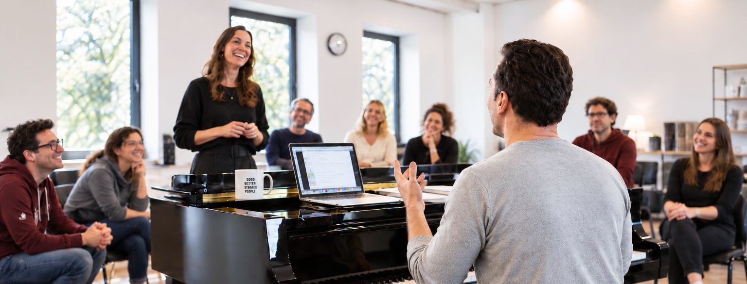 Vocalpower-Gesangsworkshop in Düsseldorf: eine Teilnehmerin singt am Flügel, Mischa Züwerink begleitet, die Gruppe hört zu