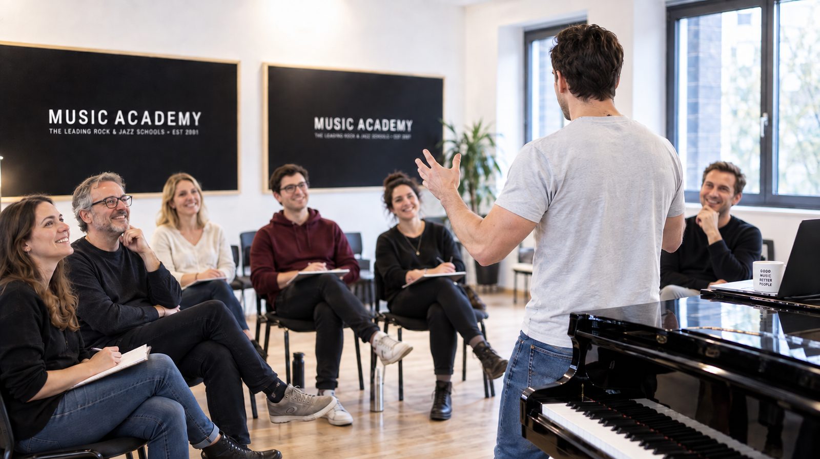 Mischa Züwerink coacht eine Workshop-Gruppe im MA Music Academy Studio