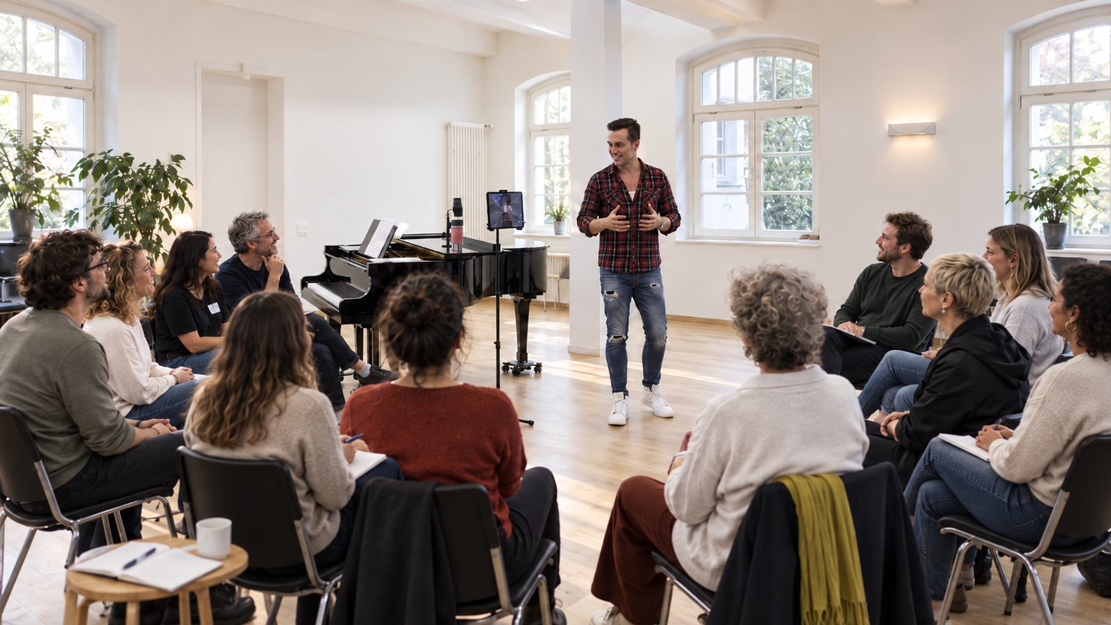 Vocalpower-Gesangsworkshop in Hamburg: Mischa Züwerink steht im Stuhlkreis, die Gruppe hört zu